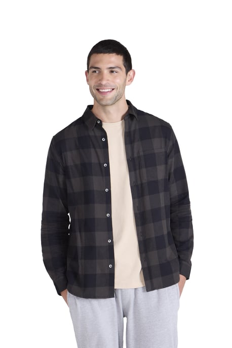 'Cove' Men's Check Flannel Shirt Cotton Buttoned Breathable Top Black - Image 6