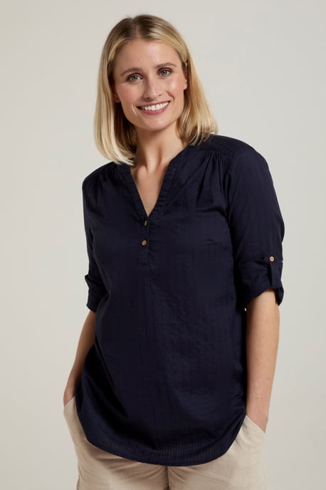 'Petra' Women's 3/4 Sleeve Shirt Button Neck Breathable Everyday Top Navy - Image 1