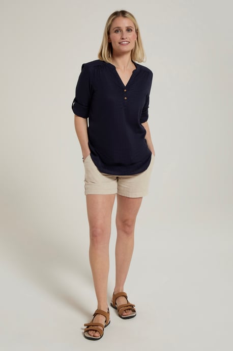 'Petra' Women's 3/4 Sleeve Shirt Button Neck Breathable Everyday Top Navy - Image 2