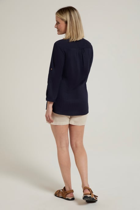 'Petra' Women's 3/4 Sleeve Shirt Button Neck Breathable Everyday Top Navy - Image 3