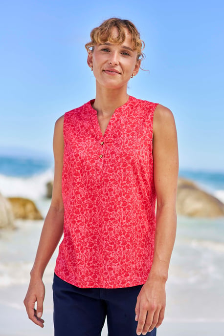 'Petra' Women's Sleeveless Shirt Cotton Button Neck Summer Top Red - Image 1