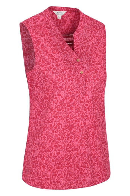 'Petra' Women's Sleeveless Shirt Cotton Button Neck Summer Top Red - Image 3