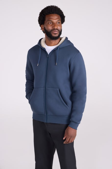 'Dalton' Men's Hoodie with Zip Closure Borg Lined Casual Cosy Jumper Navy - Image 1