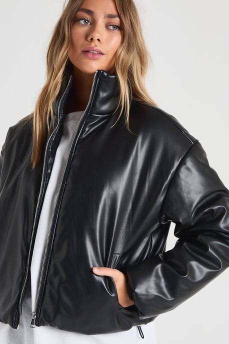 Funnel Neck Faux Leather Bomber Jacket - Image 1
