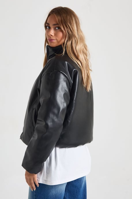 Funnel Neck Faux Leather Bomber Jacket - Image 2