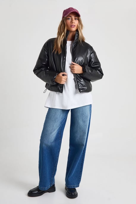 Funnel Neck Faux Leather Bomber Jacket - Image 3