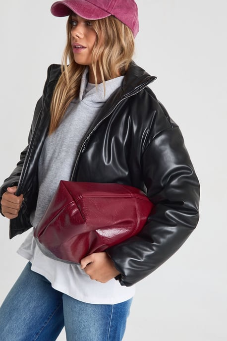 Funnel Neck Faux Leather Bomber Jacket - Image 4