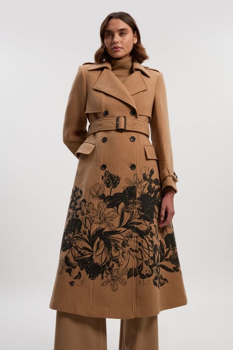 Wool Placement Print Tailored Double Breasted Belted Midi Coat - Image 1