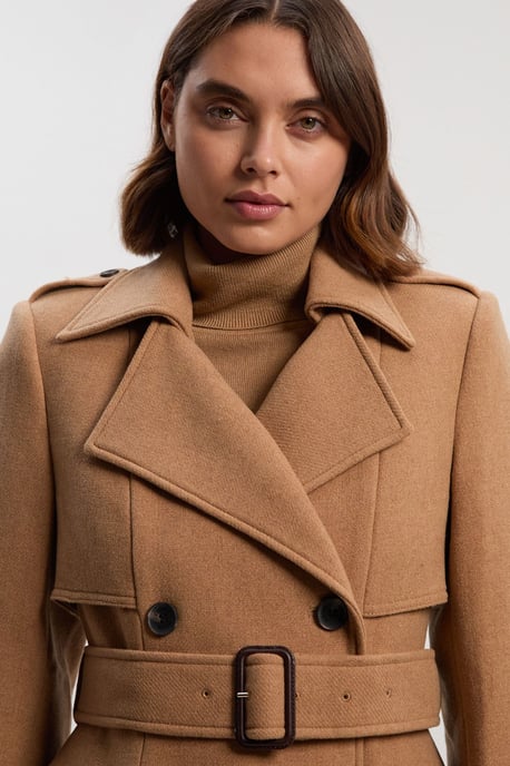 Wool Placement Print Tailored Double Breasted Belted Midi Coat - Image 3