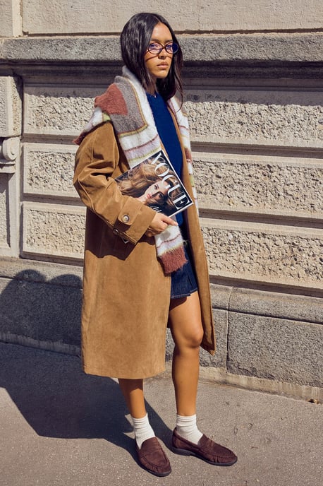Faux Suede Collared Longline Jacket - Image 1