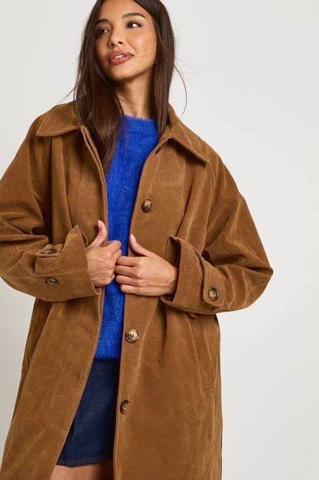 Faux Suede Collared Longline Jacket - Image 4