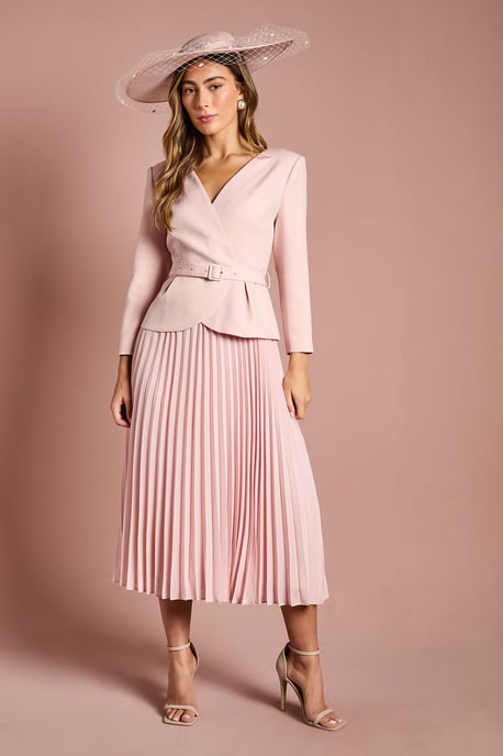 Crepe Bodice Long Sleeve Pleated Midi Dress - Image 1