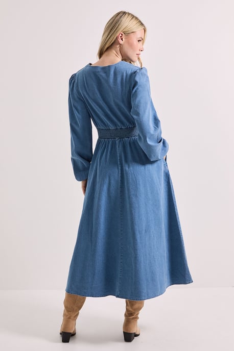 Shirred Waist Long Sleeve Denim Midi Dress - Image 3