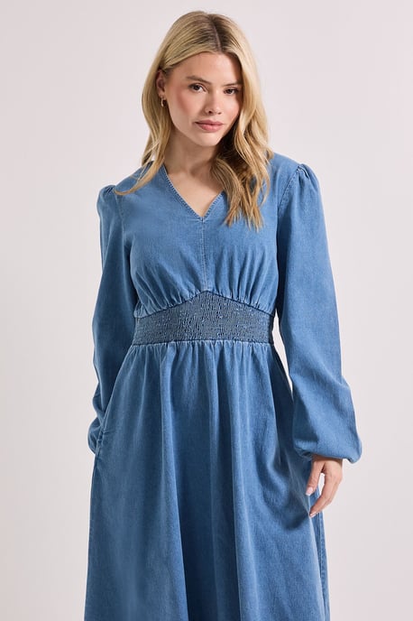 Shirred Waist Long Sleeve Denim Midi Dress - Image 4