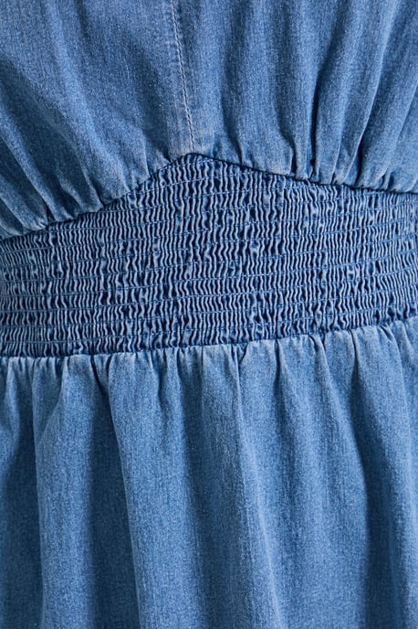Shirred Waist Long Sleeve Denim Midi Dress - Image 5