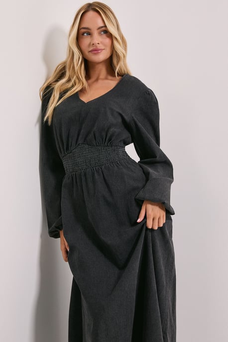 Shirred Waist Long Sleeve Denim Midi Dress - Image 2