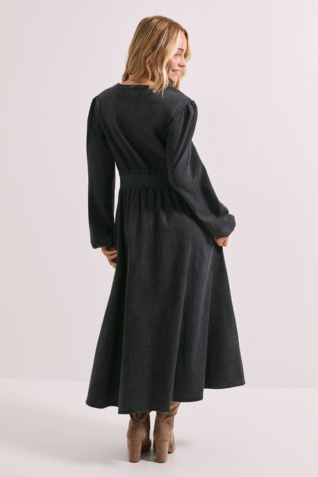Shirred Waist Long Sleeve Denim Midi Dress - Image 3