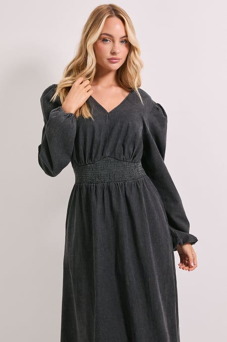 Shirred Waist Long Sleeve Denim Midi Dress - Image 4