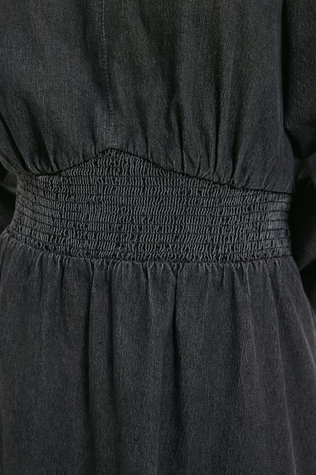 Shirred Waist Long Sleeve Denim Midi Dress - Image 5