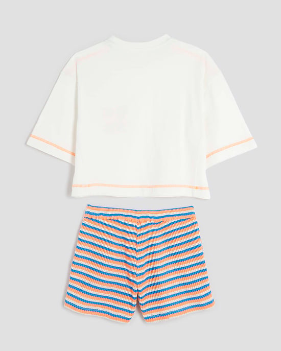 River Island Girls 2 Piece Set White Stripe Crochet Pocket Top & Shorts - Image 4