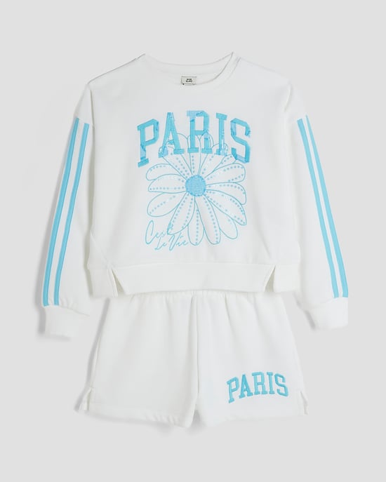 River Island Girls 2 Piece Set White Paris Sweatshirt & Shorts - Image 5