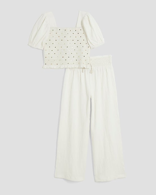 River Island Girls 2 Piece Set White Lurex Shirred Crop Top Trousers - Image 1