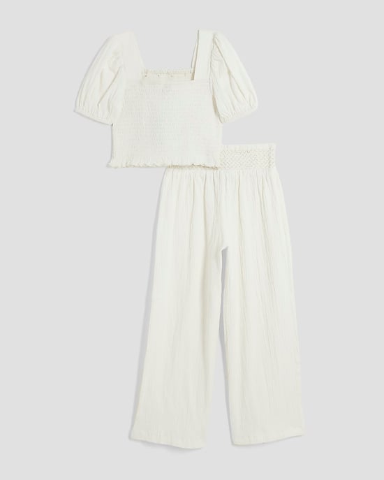 River Island Girls 2 Piece Set White Lurex Shirred Crop Top Trousers - Image 2