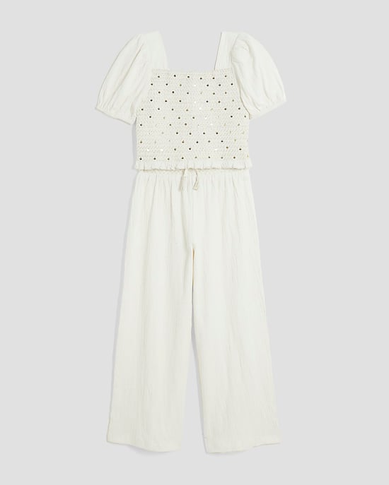 River Island Girls 2 Piece Set White Lurex Shirred Crop Top Trousers - Image 5