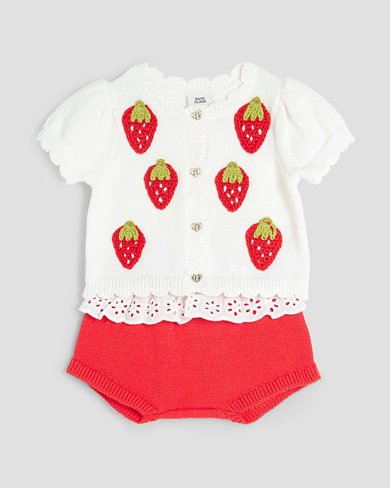 River Island Newborn Girls Baby 2 Piece Bloomer Set Beige Strawberry - Image 5