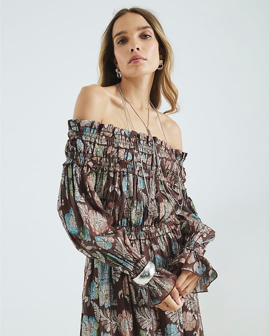 River Island Womens Bardot Maxi Dress Brown Long Sleeve Floral - Image 1