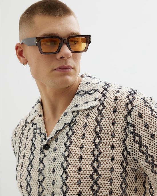 River Island Mens Shirt Cream Regular Fit Crochet Zig Zag - Image 3