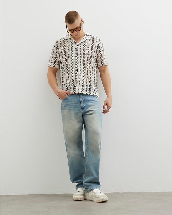 River Island Mens Shirt Cream Regular Fit Crochet Zig Zag - Image 4