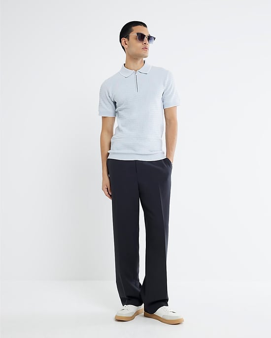 River Island Mens Polo Shirt Blue Muscle Fit Textured Tipped - Image 2