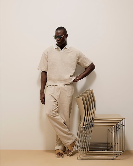 River Island Mens Polo Shirt Beige Boxy Fit Textured Open Neck - Image 2