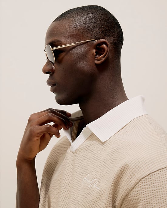 River Island Mens Polo Shirt Beige Boxy Fit Textured Open Neck - Image 4