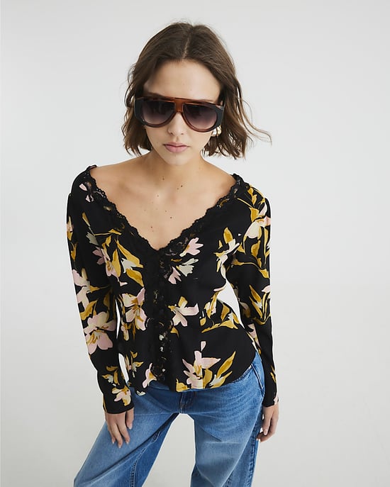 River Island Womens Top Black Long Sleeve Floral Lace Trim - Image 2