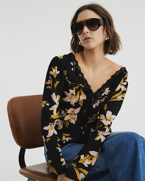 River Island Womens Top Black Long Sleeve Floral Lace Trim - Image 5