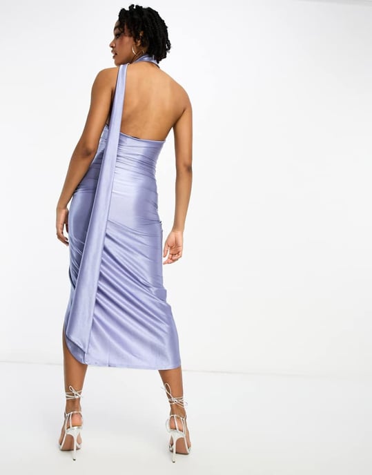 ASOS DESIGN Tall – Skifferblå midiklänning i satin med en axel och knytband - Image 2