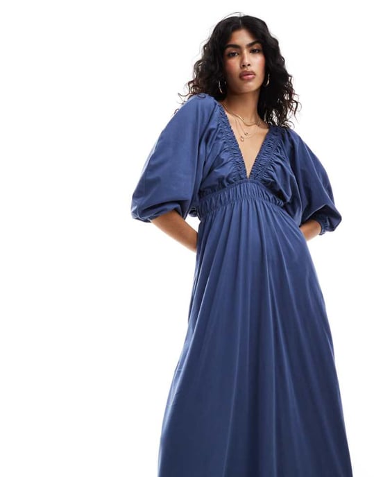 ASOS DESIGN plunge elastic tea midi dress with ruched waist in indigo blue - Image 1