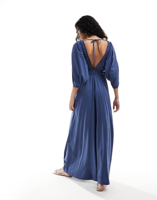 ASOS DESIGN plunge elastic tea midi dress with ruched waist in indigo blue - Image 3
