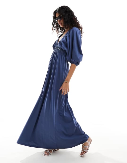 ASOS DESIGN plunge elastic tea midi dress with ruched waist in indigo blue - Image 4