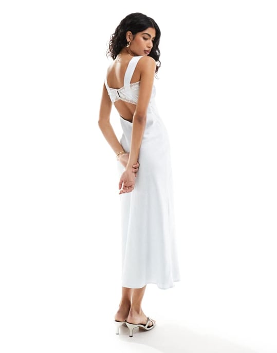 ASOS DESIGN – Isblå midiklänning med krossad satin och spetsdetaljer - Image 3