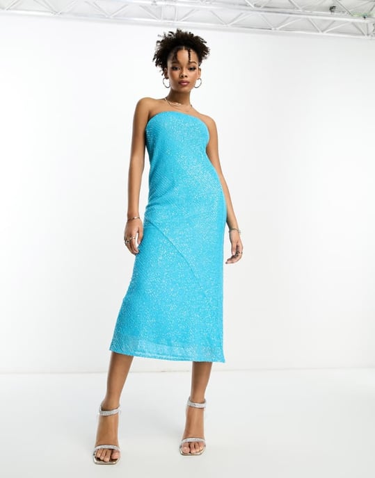 ASOS DESIGN – Utsmyckad bandeau-midiklänning med paljetter över hela kroppen i turkos - Image 1
