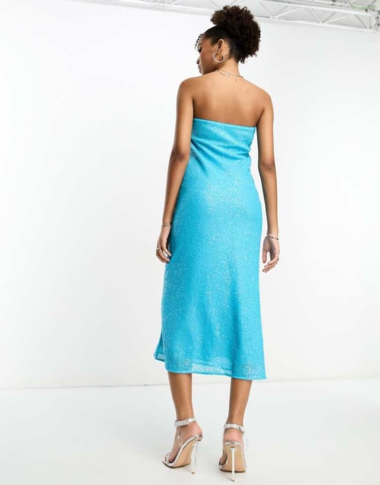 ASOS DESIGN – Utsmyckad bandeau-midiklänning med paljetter över hela kroppen i turkos - Image 2