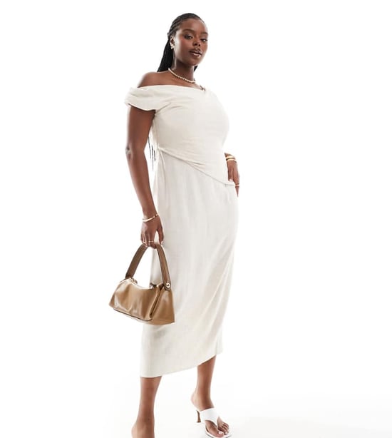ASOS DESIGN Curve – Havregrynsfärgad midiklänning i linne med nedsänkta axlar och veckad midja - Image 1