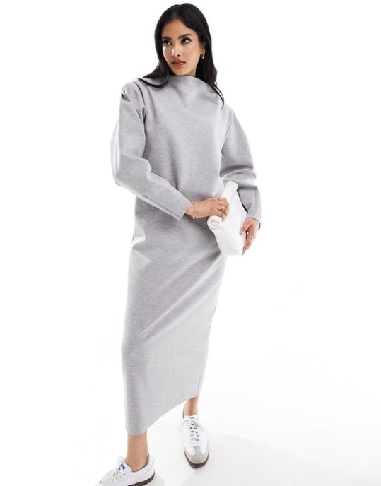 ASOS DESIGN – Grå midiklänning med svängd båtringning och långa ärmar - Image 4