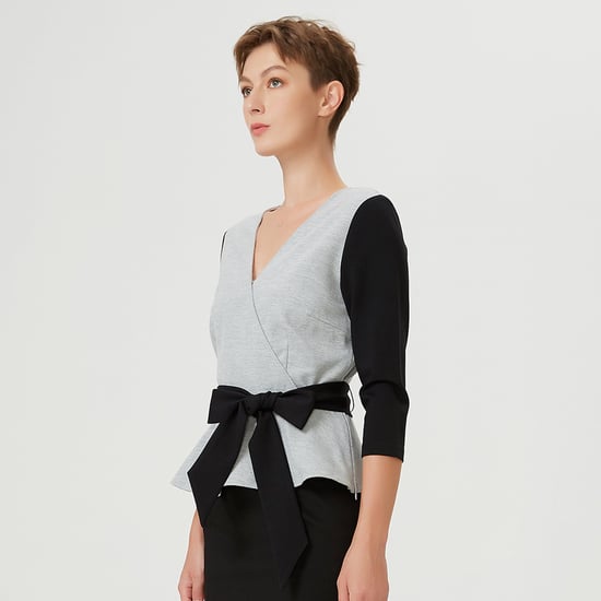 Color block peplum top with cross-heart effect and belt - Image 2