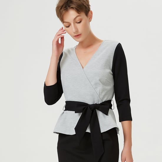 Color block peplum top with cross-heart effect and belt - Image 3