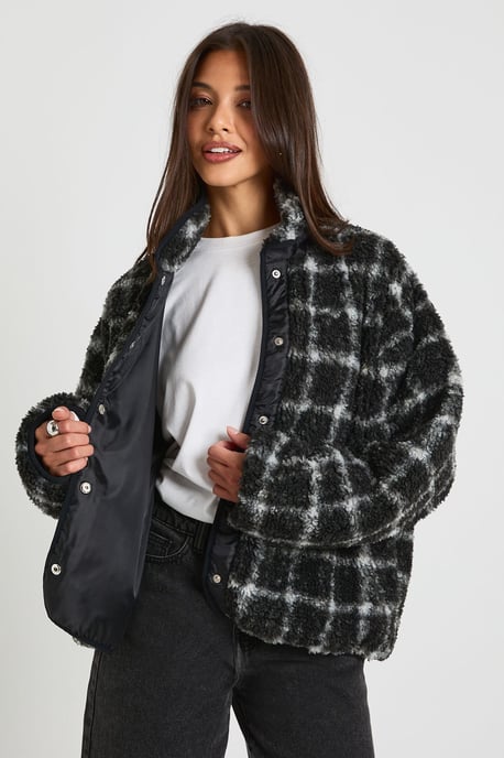 Square Printed Teddy Button Up Jacket - Image 1