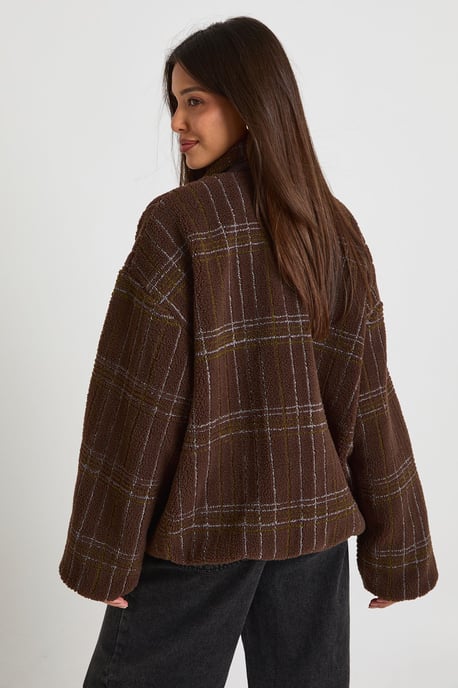 Square Button Jacket Square Printed Teddy Button Up Jacket